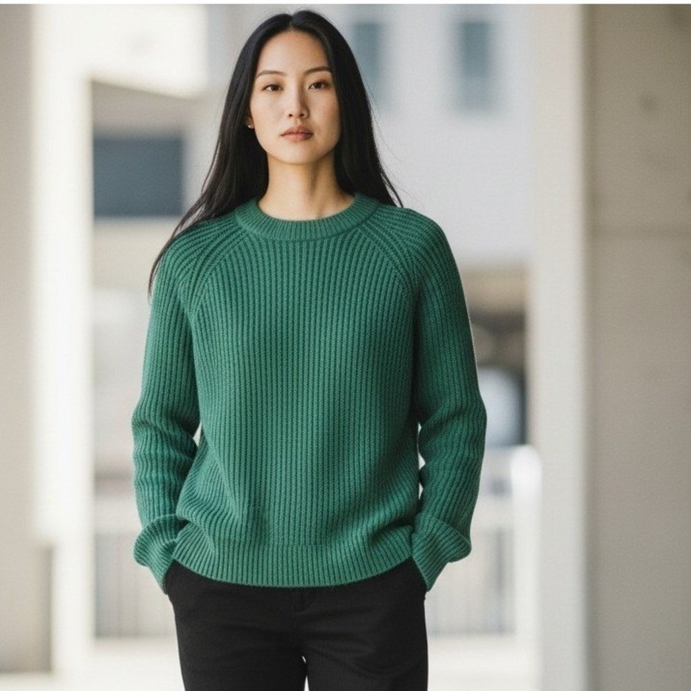 Tahari Emerald Green Shaker Stitch Raglan Crew Neck Sweater XS